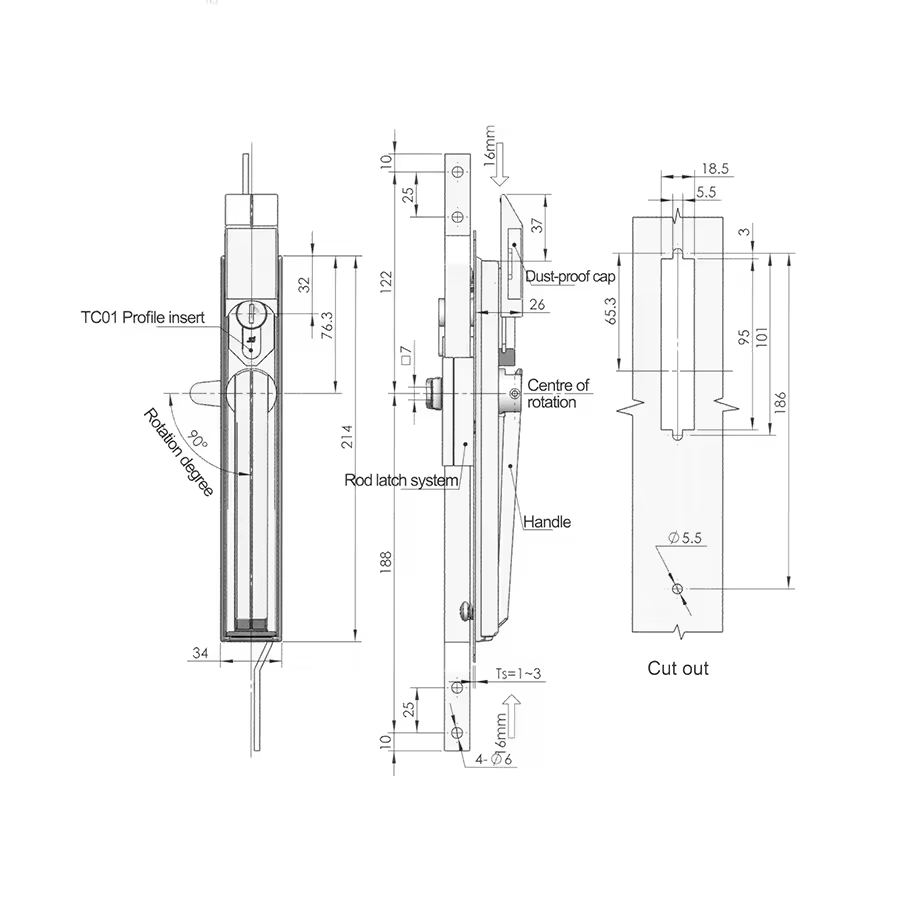 MS830-3 Door Rod Lock Two Point Industrial Rod Control Lock